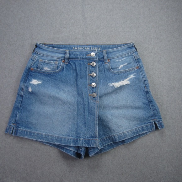 American Eagle Skort Womens Size 8 Blue Button Fly Distressed High Rise Denim - Picture 2 of 14